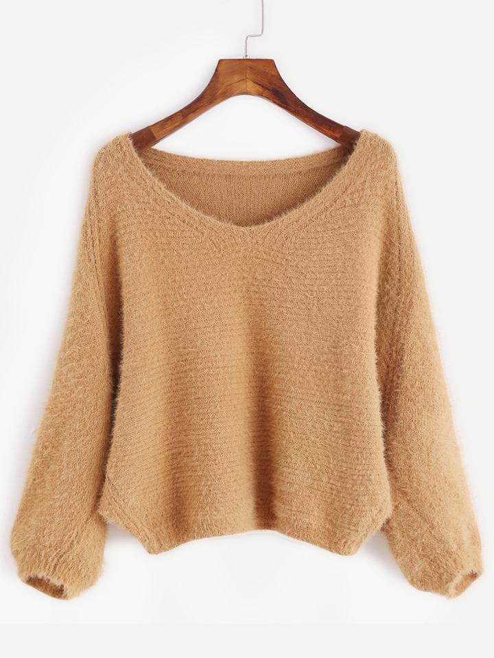 Romwe Light Khaki V Neck Fuzzy Sweater