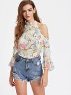 Romwe Allover Floral Open Shoulder Bell Sleeve Frill Layered Top