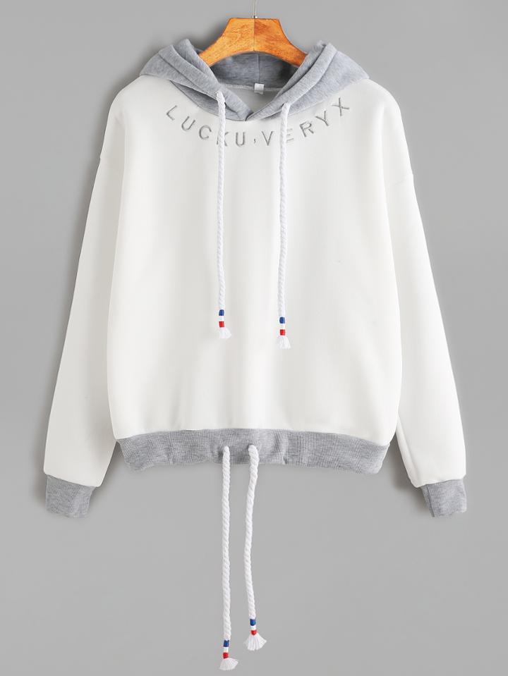 Romwe White Contrast Trim Letter Embroidery Drawstring Hooded Sweatshirt