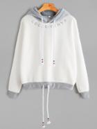 Romwe White Contrast Trim Letter Embroidery Drawstring Hooded Sweatshirt