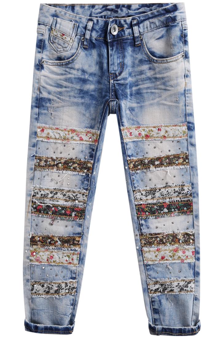 Romwe Floral Bleached Bead Denim Pant