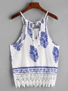 Romwe Crochet Lace Trim Vintage Print Cami Top