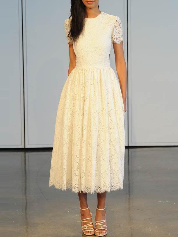 Romwe White Short Sleeve Backless Lace Midi Dress