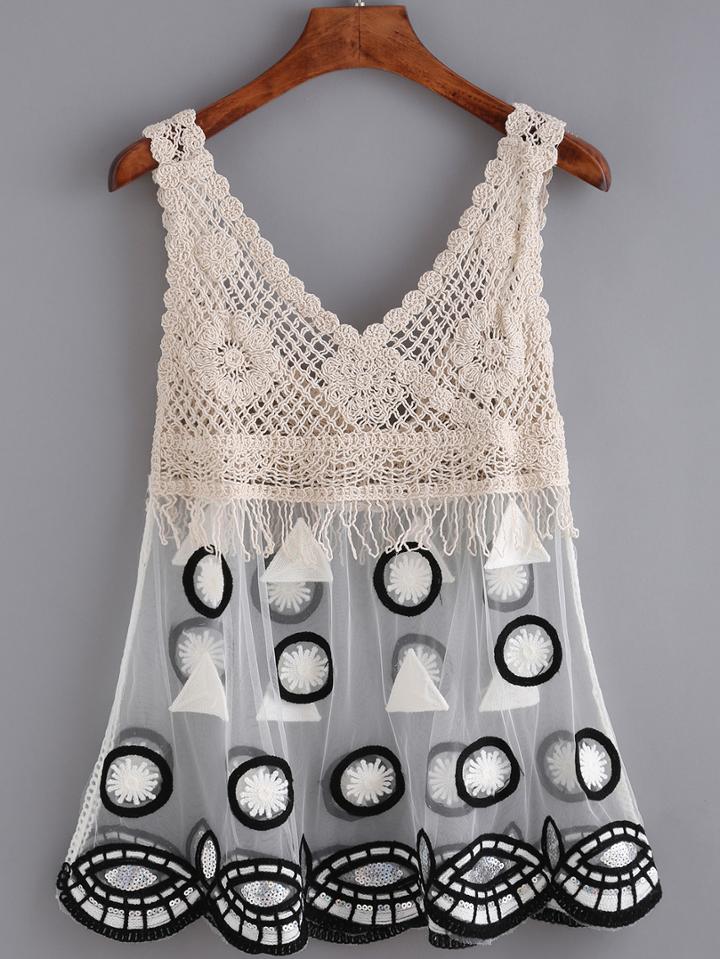 Romwe V Neck Crochet Hollow Out Tank Top