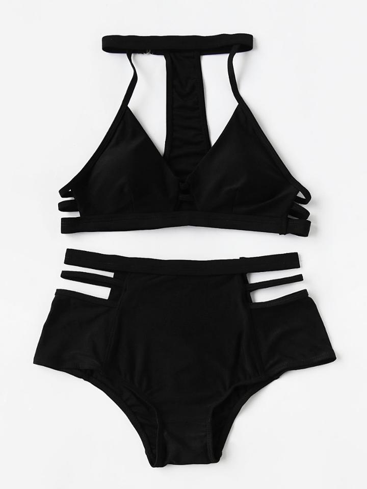 Romwe Ladder Cutout High Waist Bikini Set With Choker Neck