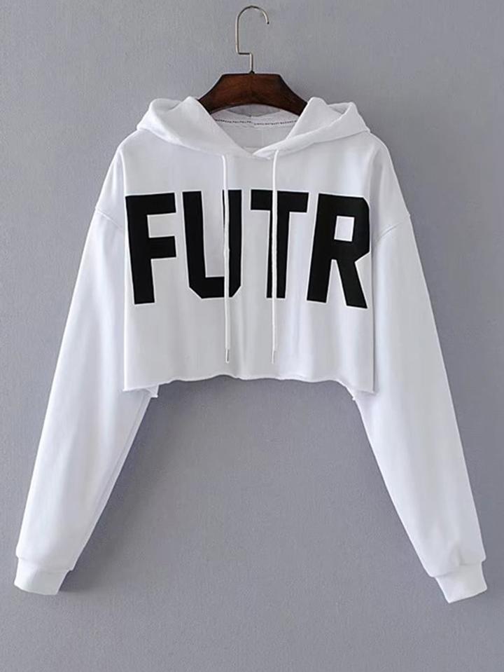 Romwe Slogan Print Crop Hoodie