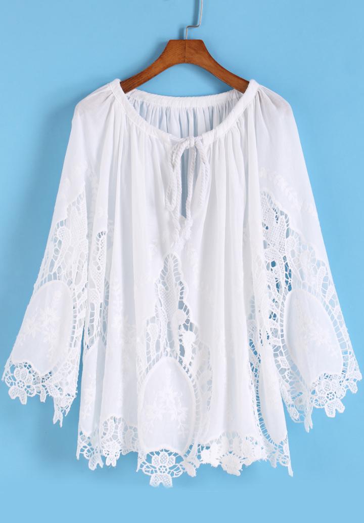 Romwe White Knotted Collar Embroidered Loose Blouse