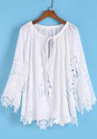Romwe White Knotted Collar Embroidered Loose Blouse