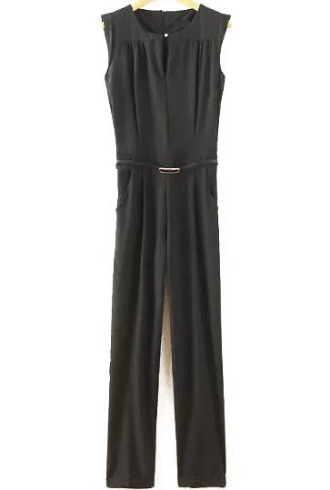Romwe Sleeveless With Belt Slim Jumpsuit