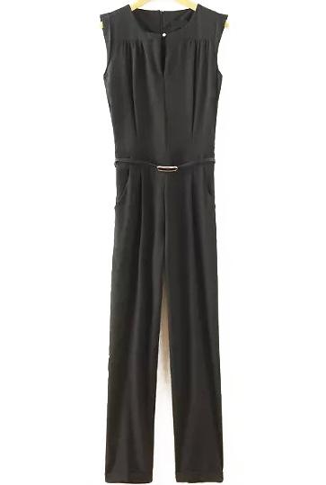 Romwe Sleeveless With Belt Slim Jumpsuit