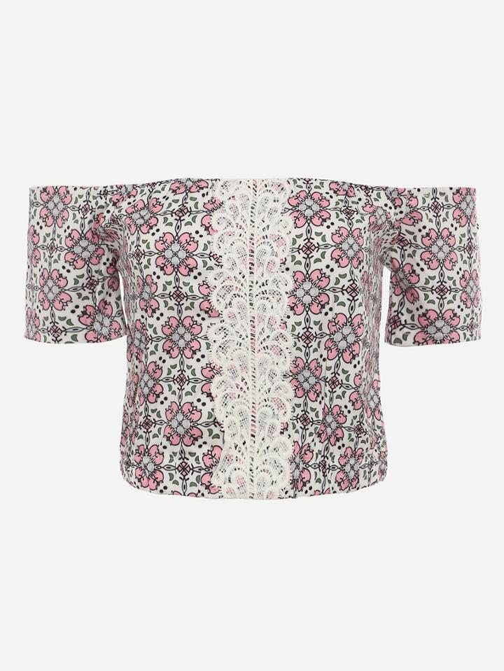 Romwe Off The Shoulder Flower Print Lace Splicing Crop Top