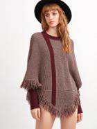 Romwe Burgundy Marled Knit Fringe Trim Cape Sweater