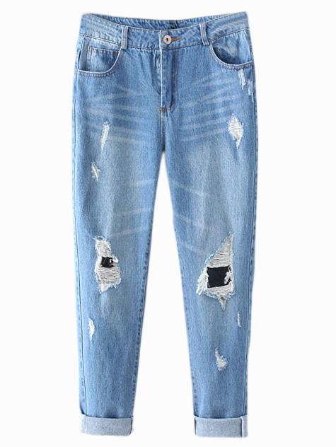 Romwe Blue Pockets Ripped Hole Skinny Denim Pants