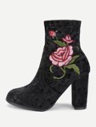 Romwe Embroidery Applique Decorated Velvet Ankle Boots