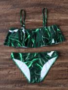 Romwe Green Leaf Print Ruffle Detail Bikini Set