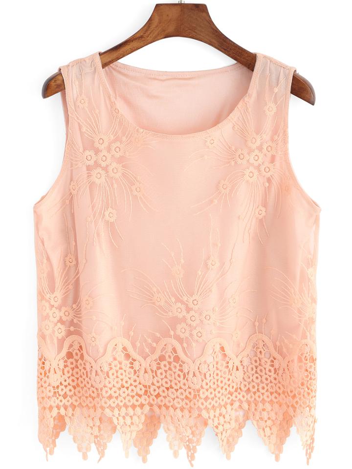 Romwe Jacquard Scalloped Hem Pink Tank Top