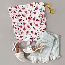 Romwe Strawberry Print Ruffle Trim Tie Back Crop Blouse