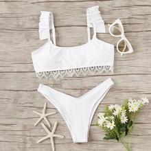 Romwe Crochet Trim Ruffle Top With High Cut Bikini