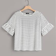 Romwe Plus Flounce Sleeve Striped Tee