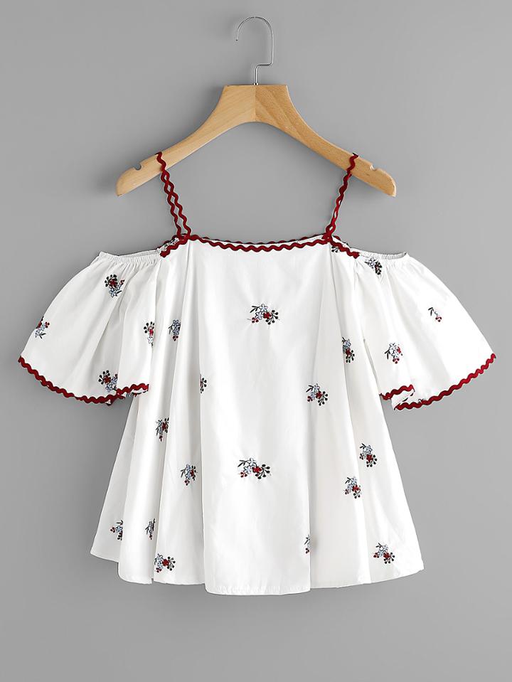 Romwe Open Shoulder Floral Embroidered Ringer Top