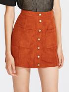 Romwe Patch Pocket Button Up Suede Skirt