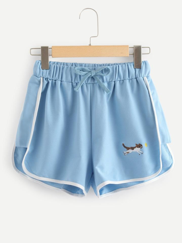 Romwe Animal Embroidered Drawstring Waist Shorts