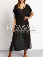 Romwe Black Pompom Trim Tie-waist Split Maxi Dress