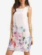 Romwe Floral Print In White Sleeveless Shift Dress