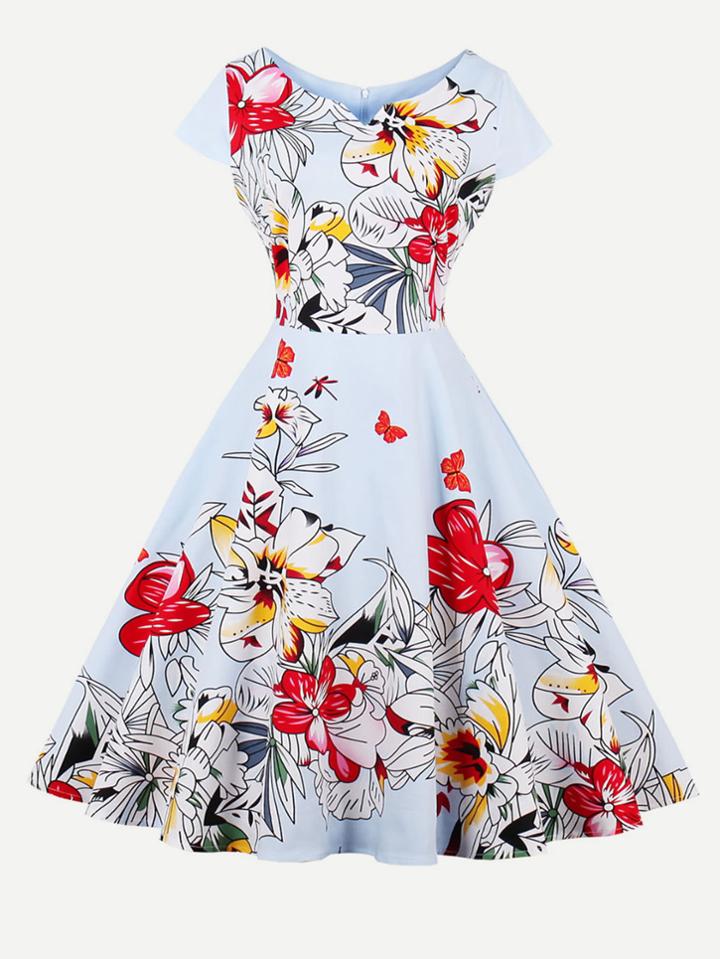 Romwe Flower Print V Cut Circle Dress