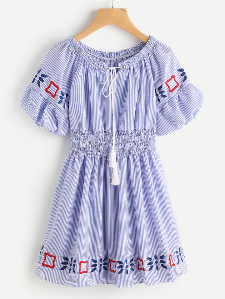 Romwe Embroidered Stripe Shirred Waist Drawstring Neck Dress