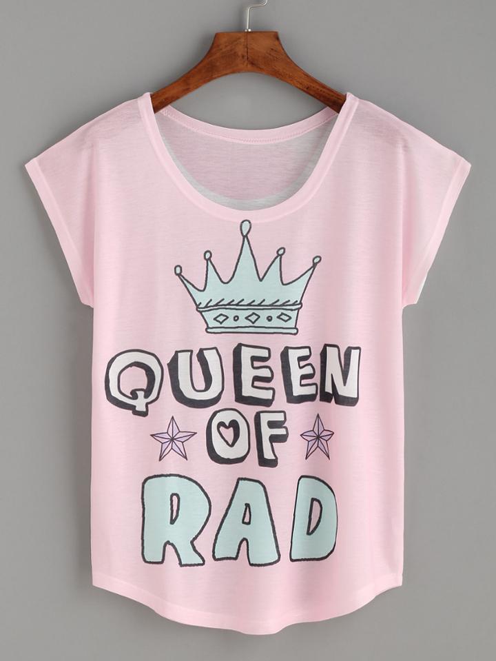 Romwe Pink Imperial Crown Letters Print T-shirt
