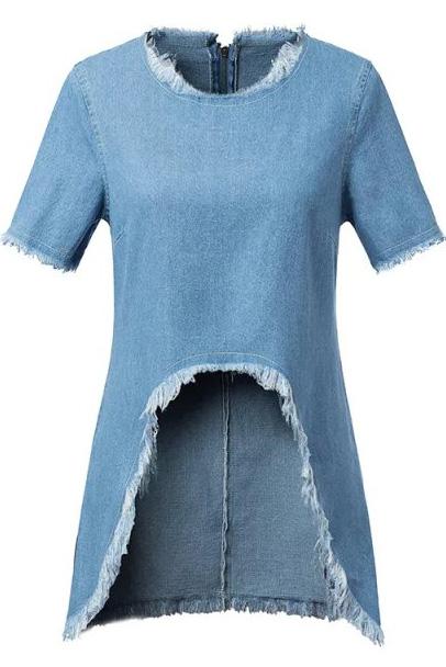 Romwe Back Zipper Fringe Denim Top