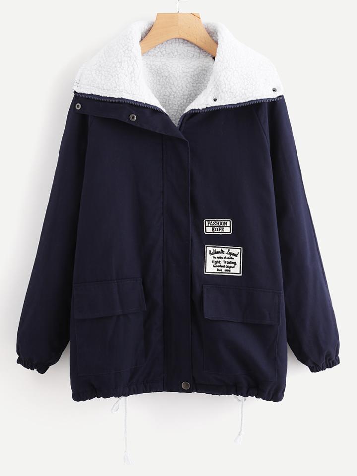 Romwe Drawstring Hem Patch Detail Sherpa Lined Coat