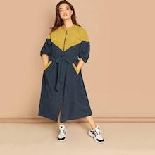 Romwe Plus Raglan Sleeve Tie Waist Two Tone Coat