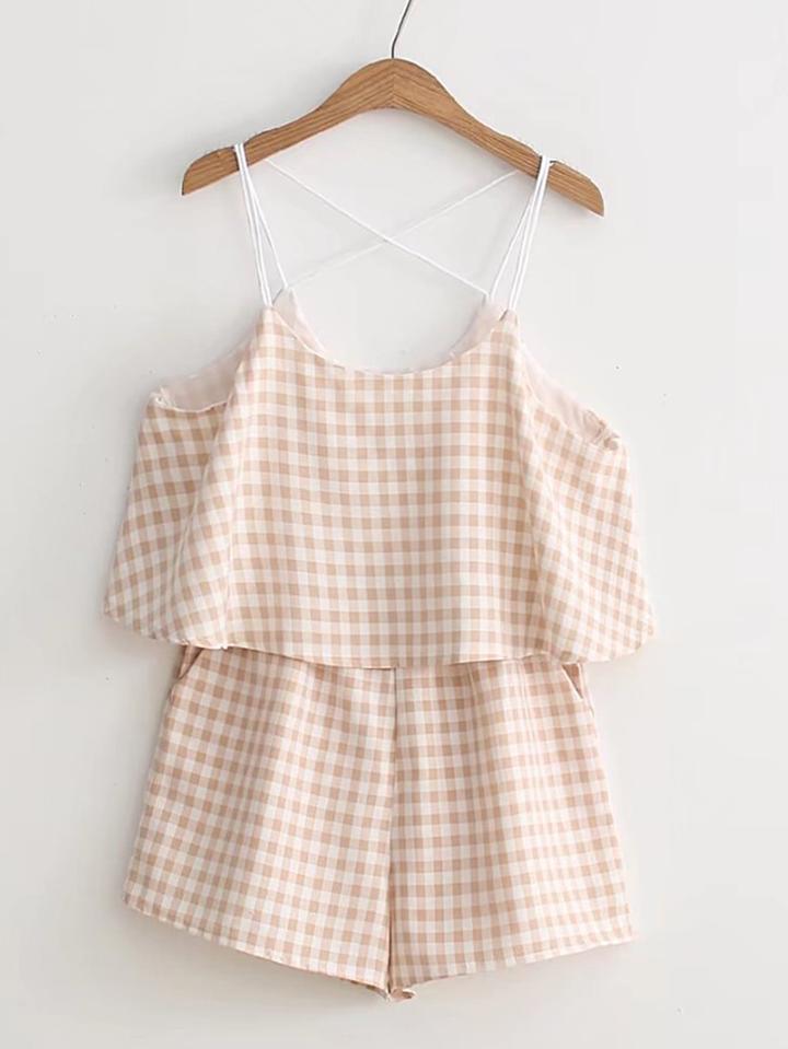 Romwe Criss Cross Back Gingham Playsuit