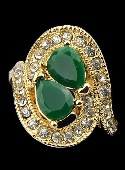 Romwe Green Gemstone Rhinestone Gold Ring