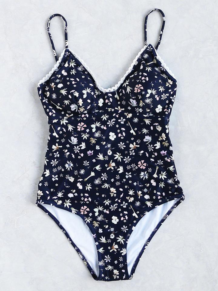 Romwe Calico Print Scalloped Trim One Piece Swimsuit
