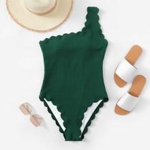 Romwe Scalloped Trim One Shoulder One Piece Swimsuit