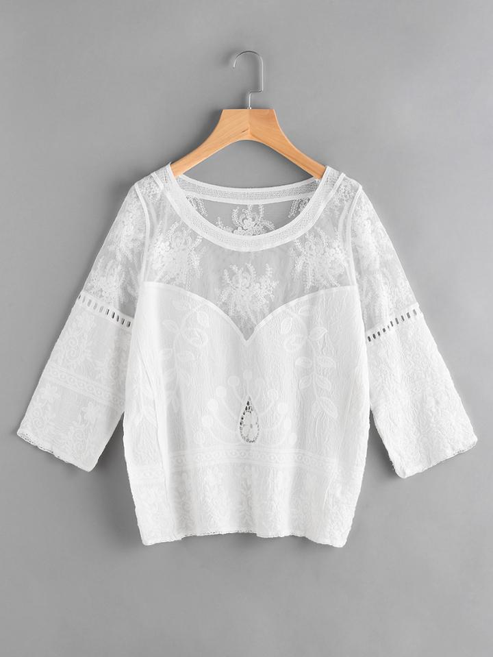 Romwe Mesh Panel Hollow Out Embroidered Top