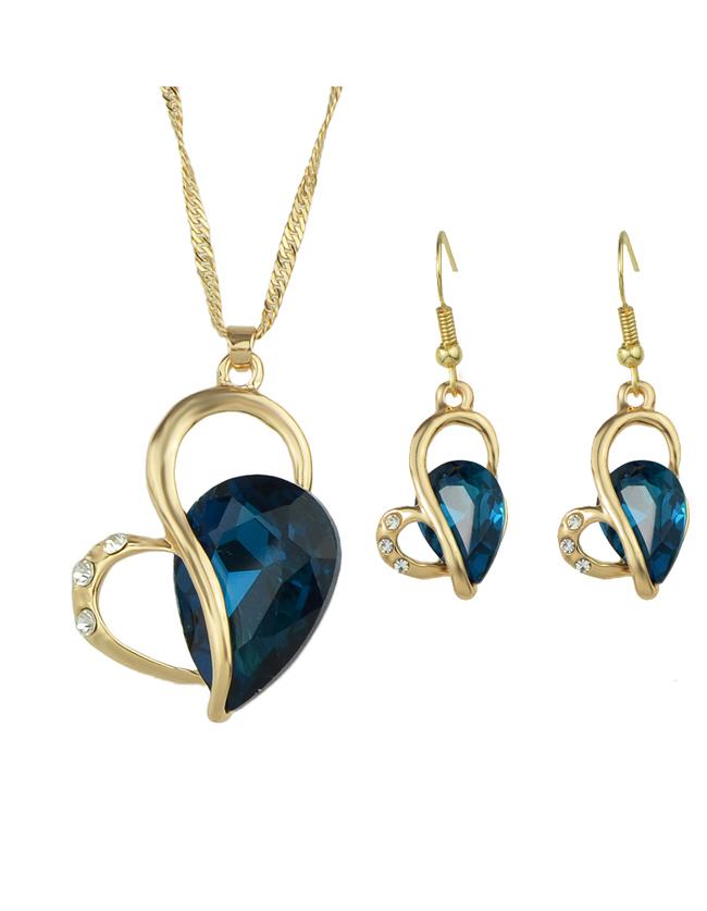 Romwe Blue Rhinestone Heart Shape Wedding Jewelry Set