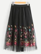 Romwe Floral Embroidered Mesh Overlay Skirt