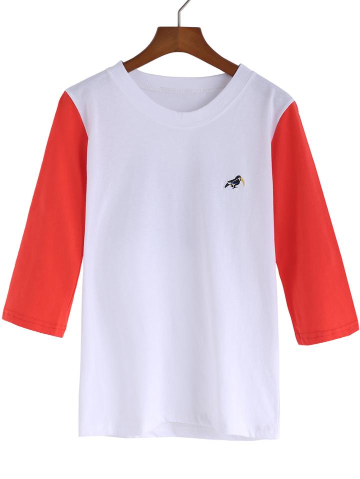 Romwe Orange White Round Neck Bird Print T-shirt