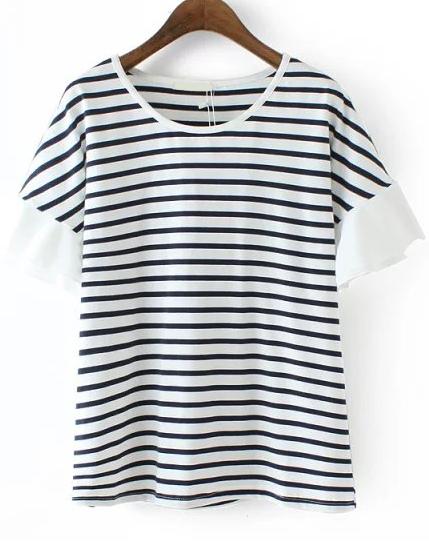 Romwe Ruffle Sleeve Striped Black Top