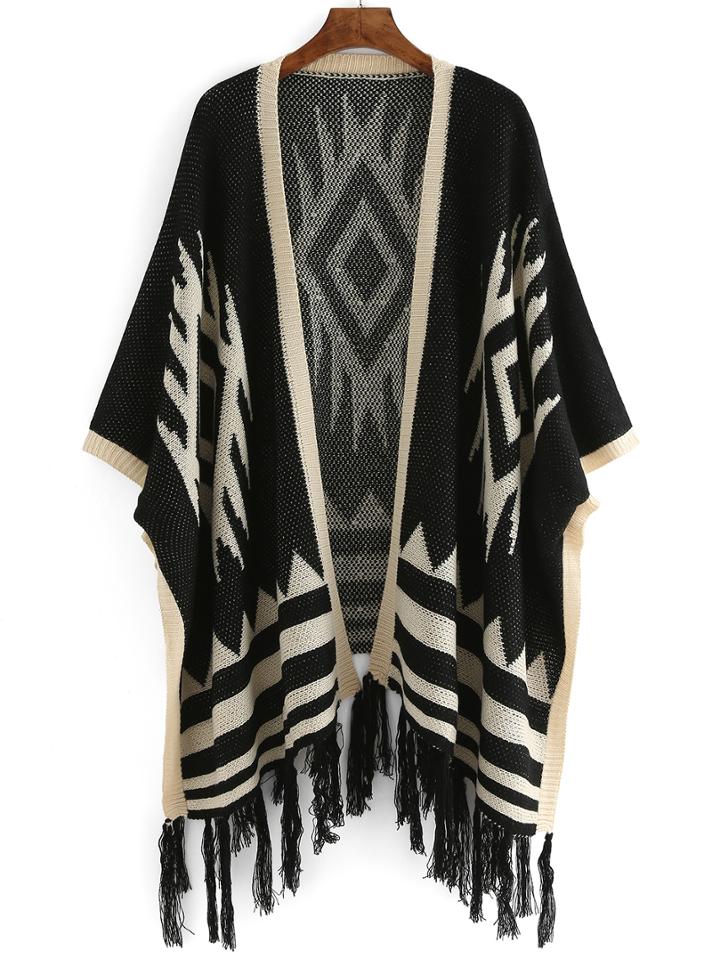 Romwe Geometric Print Fringes Black Cardigan