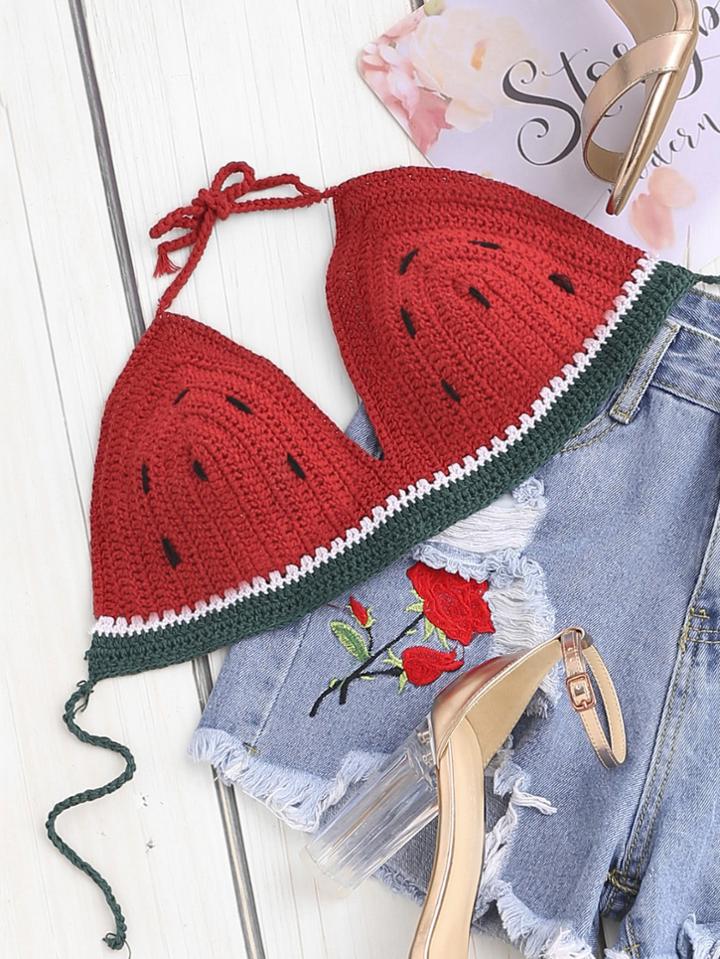 Romwe Self Tie Crochet Watermelon Bralette