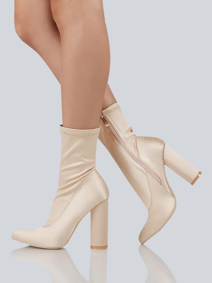 Romwe Pointy Toe Cylinder Heel Boots Nude