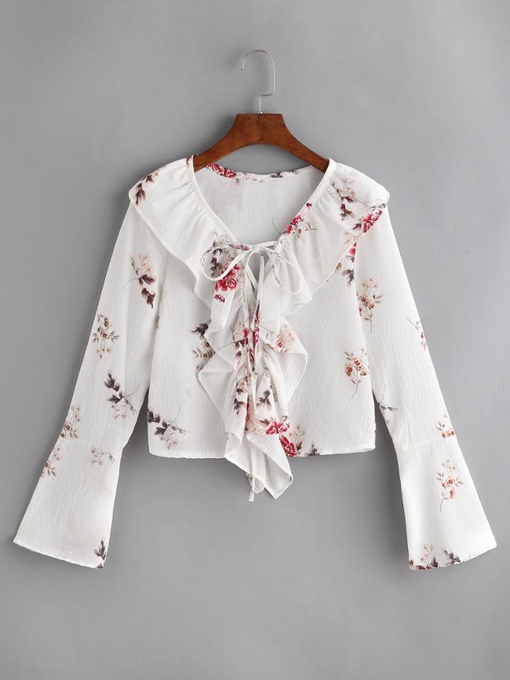 Romwe Floral Print Ruffle Trim Lace Up Front Top