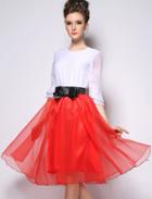 Romwe Bow Sheer Mesh Flare Red Skirt