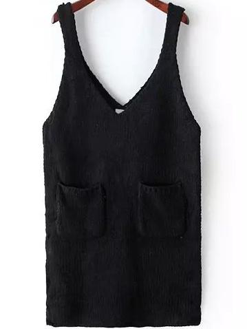 Romwe V Neck Pockets Black Sweater Dress