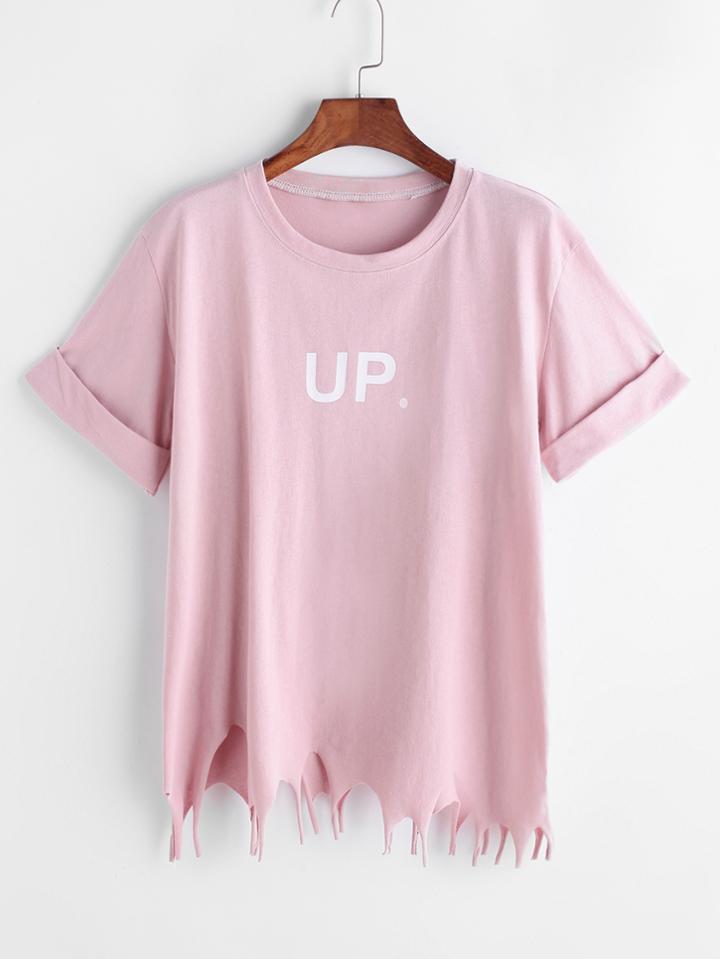 Romwe Pink Letter Print Asymmetric Raw Hem Cuffed T-shirt